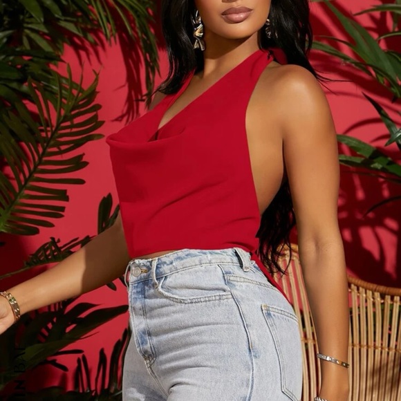 Front Tie Backless Halter Top- Red - Picture 3 of 3